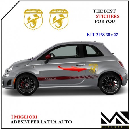 KIT 2 ADESIVI CON LOGO SCORPIONE SCRITTA ABARTH PER FIAT 500 595 695 PUNTO MOD 3 CENTIMETRI 30 X 27